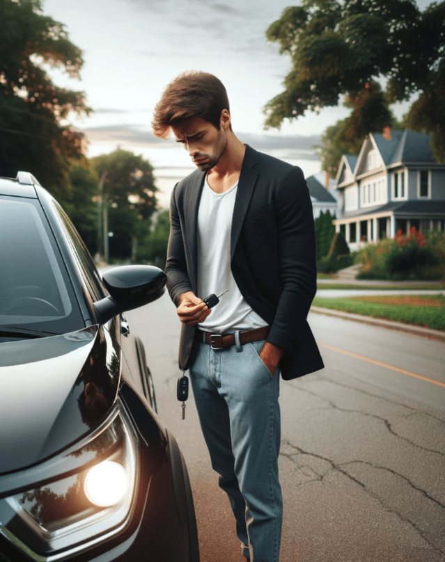 Vyras prie mašinos nuliudės, kad nepavyksta atidaryti automobilio